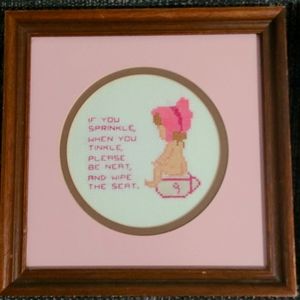 Vintage set of crossstitch bathroom pictures